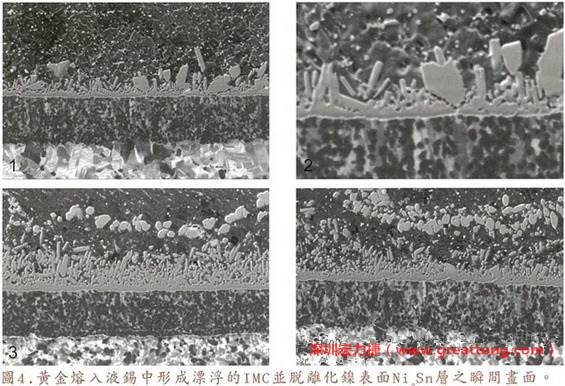 下面四張圖片為放大4500倍的SEM圖像，說明在回流焊爐熱量不足的情況下，黃金成份正要從鎳層分離融入焊錫之中的瞬間，當(dāng)零件遭受外力沖擊的時(shí)候就極有可能從這一整排AuSn、、AuSn2或AuSn4的IMC處裂開。