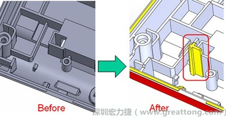 既然知道可能的問題出在電路板變形量過大，于是在電路板上黏貼應(yīng)力計(Stress Gauge)然后先量測未改善前的應(yīng)力數(shù)據(jù)。改善方法是在BGA的附近新增機溝肋柱(rib)來頂住電路板以降低電路板在落下時的變形量。