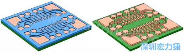 銅被電鍍在導電種子層之上，從而填滿了PCB板上的圖形化光刻膠腔體(左)。清除光刻膠，蝕刻暴露出的種子層以分隔開不同的銅線(右)-深圳宏力捷
