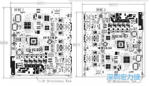 如圖7所示是使用不同數(shù)量邊條的拼板，拼板1僅使用了一個邊條，直接利用PCB另一邊作為SMT工藝傳送邊，并且PCB圖形中有合適的安裝孔；而拼板2則是按常規(guī)設(shè)計了兩個邊條。拼板方式為連接筋。圖中“Breakaway Tab”指邊條-深圳宏力捷