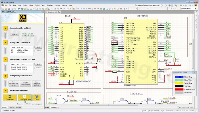 XJTAG DFT Assistant的Access Viewer模式可以清楚地顯示可用的測試存取層級，讓電路板設(shè)計人員在展開PCB布局以前的原理圖擷取階段盡可能地提高測試存取能力