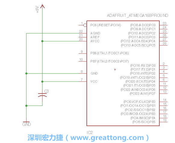 3.1.    新增微控制器晶片（RBBB → ATmega），把它放在電路原理圖的中央附近，把它的兩個接地接頭連接到接地訊號端。