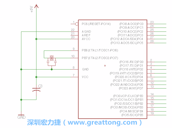 3.2.    在靠近ATmega的電源供應(yīng)針腳7的位置放置一個0.1μF的電容，將它分別連接電源、接地端和針腳7。