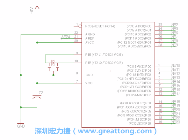 3.3.    將共鳴器（resonator）放置在針腳9和針腳10附近，將它的三個針腳連接如圖所示，并確認最中間的針腳有連到接地端。