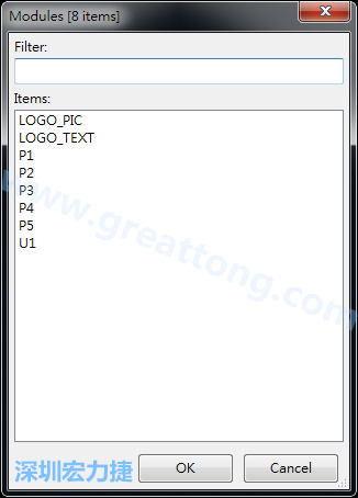 從目前正在編輯的PCB載入Module， 會(huì)顯示有那些項(xiàng)目可載入。點(diǎn)選一個(gè)， OK后即完成載入
