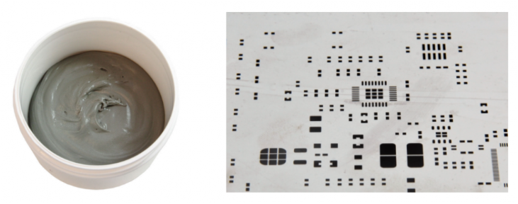 焊膏（左），PCB模板激光切割孔（右）